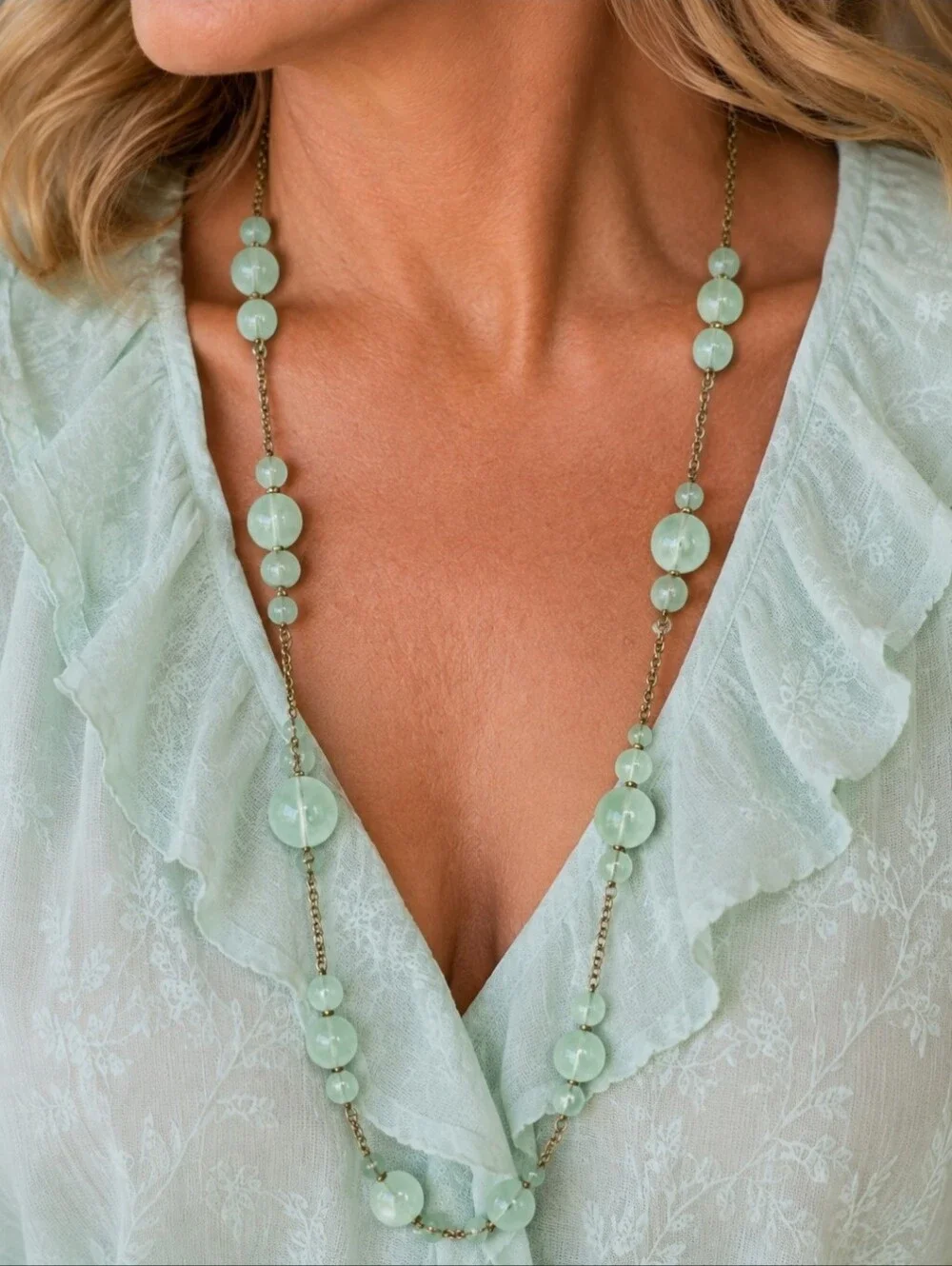 J. Crew Signed Light Green Minty Asymmetrical Gold Tone Necklace Lifesaver Clasp